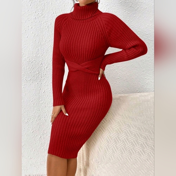 NEW Luxe Ribbed Knit Turtleneck Sweater Dress Bodycon Twist Waist Red - Picture 2 of 8